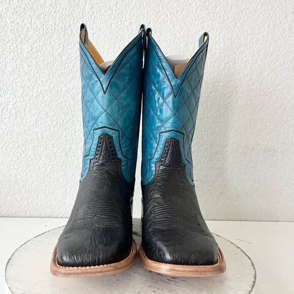 Rod Patrick Mens Cowboy Boots 13 AA Black Ostrich Blue Top Western Square Toe - Picture 5 of 12